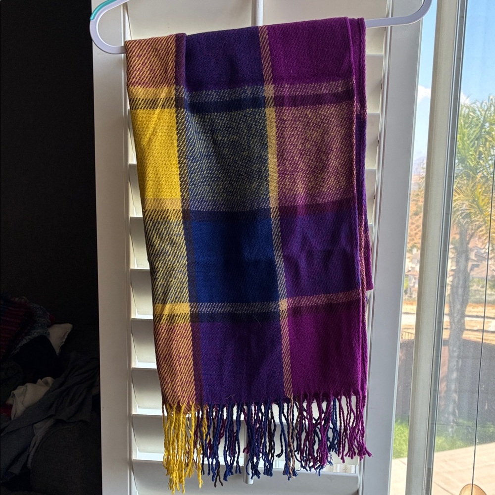 Plaid Fringe Throw Blanket in Purple, Blue & Yellow